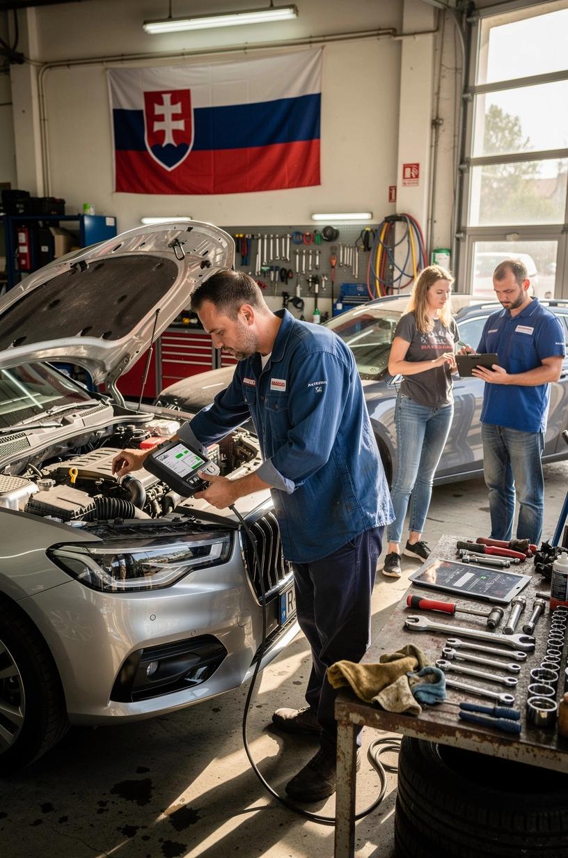 Mechanik kontroluje klimatizačný systém auta pomocou prístrojov na testovanie chladiva, tesnosti a výkonu pred letnou sezónou v autoservise na Slovensku.